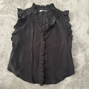 Frame 100% Silk Black Button Down Blouse Women's SMALL Ruffled Top Shirt